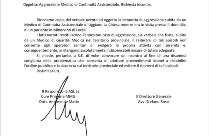 FIMMG PUGLIA: ADESSO BASTA!!! DOPO L’ ENNESIMA AGGRESSIONE FIMMG PUGLIA E ASL LECCE CHIEDONO UN INCONTRO CON IL PREFETTO.