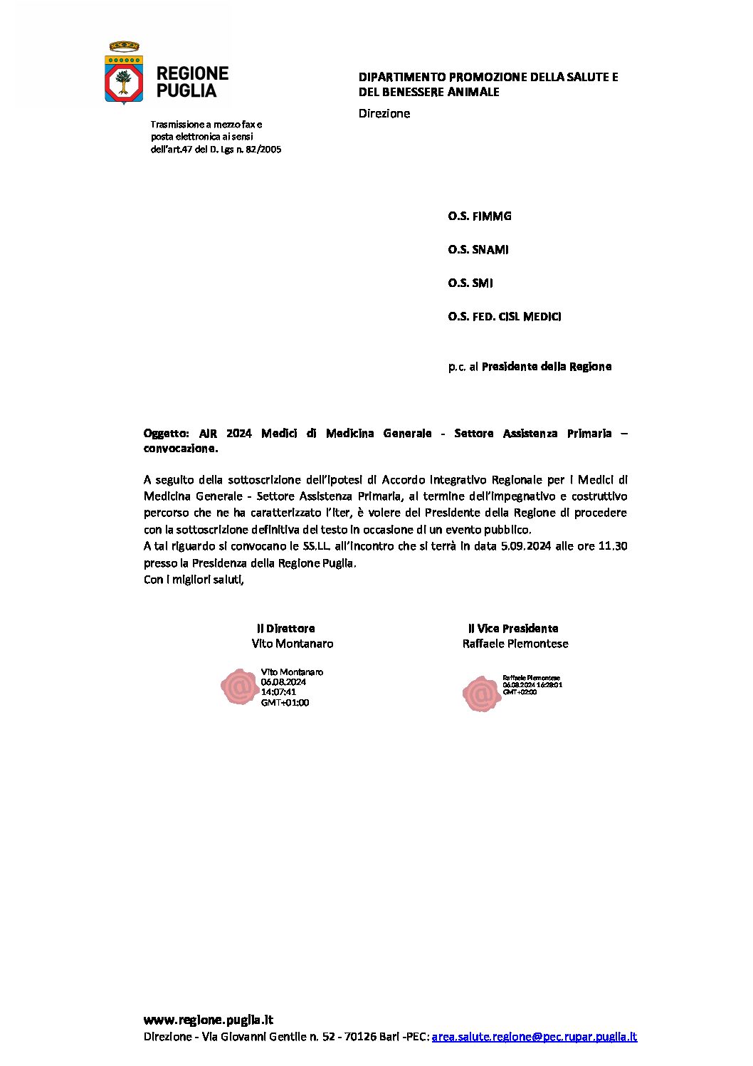 Convocazione Firma AIR 5 Settembre ore 11.30 Presidenza Regione Puglia