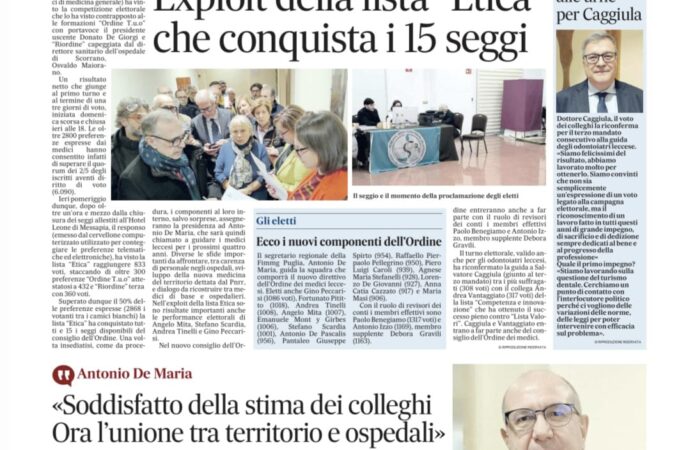LISTA ETICA CONQUISTA 18 SEGGI ALLE ELEZIONI ORDINISTICHE. DE MARIA PRESIDENTE